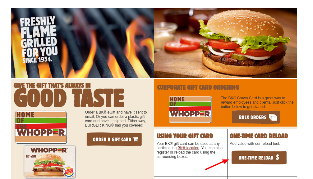 BURGER KING gift card one time reload